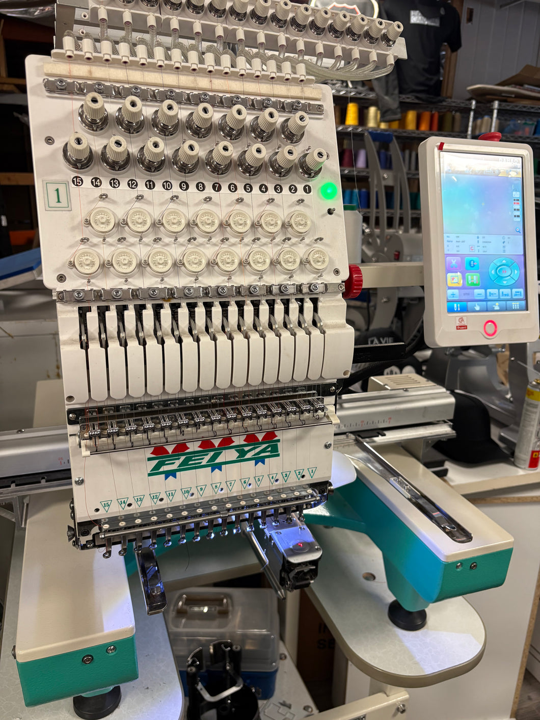 Used Feiya Embroidery Machine 1 Head – 15 Colors -with Hoops & Cap System